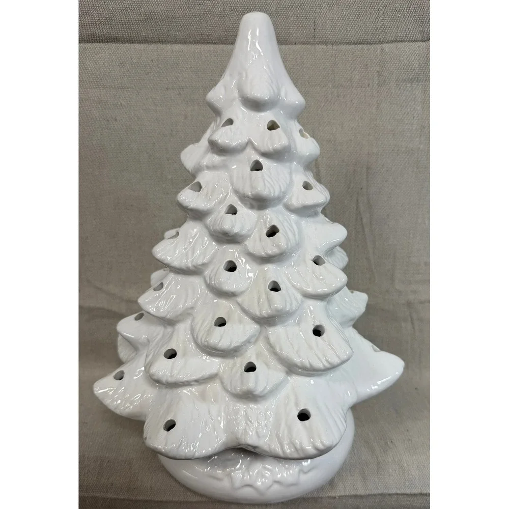 White Ceramic Lighted Christmas Tree 12 Inch Tabletop Holiday Decor Glossy Glaze